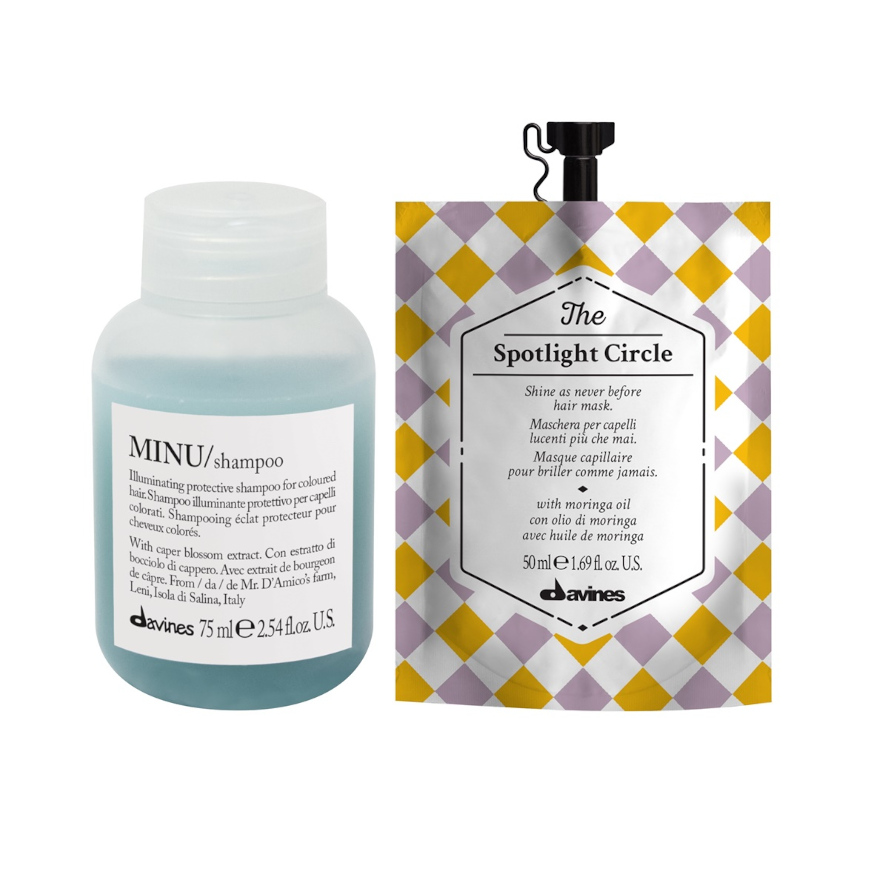 Minu and Spotlight Circle | Minizestaw do włosów farbowanych: szampon 75ml + nabłyszczająca maska 50ml