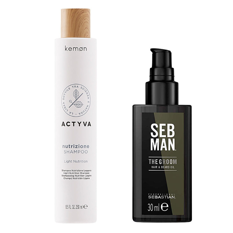 Actyva Nutrizione and The Groom | Zestaw: szampon nawilżający do włosów suchych 250ml + olejek wygładzający do włosów i brody 30ml