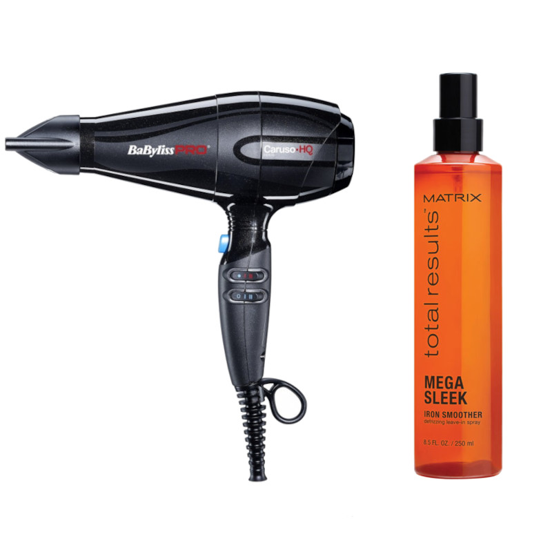 Caruso HQ and Total Results Mega Sleek | Zestaw do włosów: suszarka z jonizacją + termoochronny spray wygładzający włosy