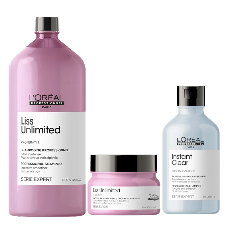 Liss Unlimited and Instant Clear | Zestaw wygładzający do włosów: szampon 1500ml + maska 250ml + szampon przeciwłupieżowy 300ml