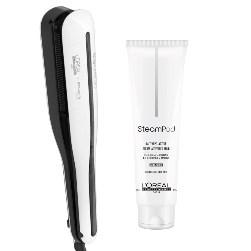 Steampod | Zestaw do prostowania i ochrony włosów: prostownica parowa + mleczko do prostowania włosów cienkich 150ml