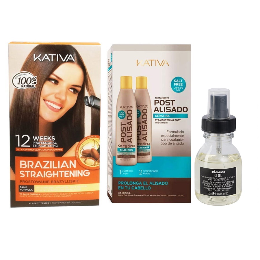 Alisado Brasileno and Post Alisado and OI Oil | Zestaw: zestaw do keratynowego prostowania włosów + szampon 250ml + odżywka 250ml + olejek do włosów 50ml