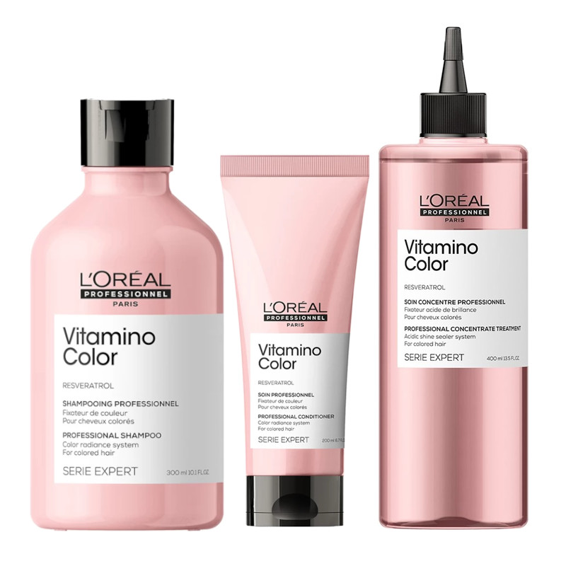 Vitamino Color | Zestaw do włosów farbowanych: szampon 300ml + odżywka 200ml + płyn zamykający łuski włosa i przedłużający kolor włosów farbowanych 400ml