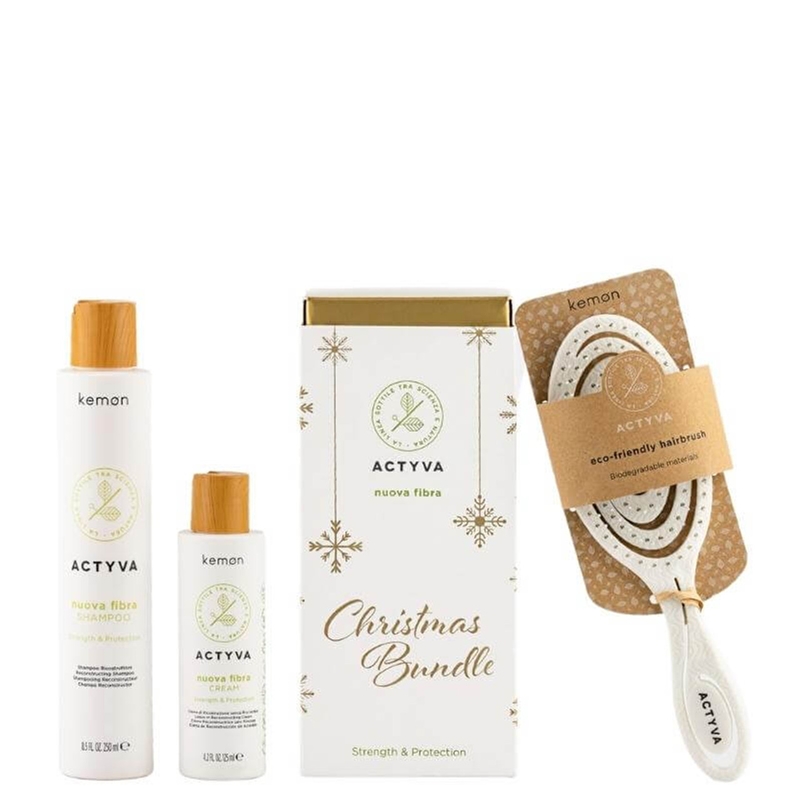 Actyva Nuova Fibra | Zestaw prezentowy do włosów zniszczonych: szampon 250ml + krem 125ml + biodegradowalna szczotka