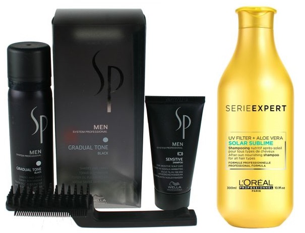 SP Men Gradual Tone Black and Solar Sublime | Zestaw: zestaw maskujący siwiznę włosów dla mężczyzn (kolor czarny): pianka pigmentująca 60ml + szampon 30ml + szczotka + szampon ochronny przed słońcem 300ml