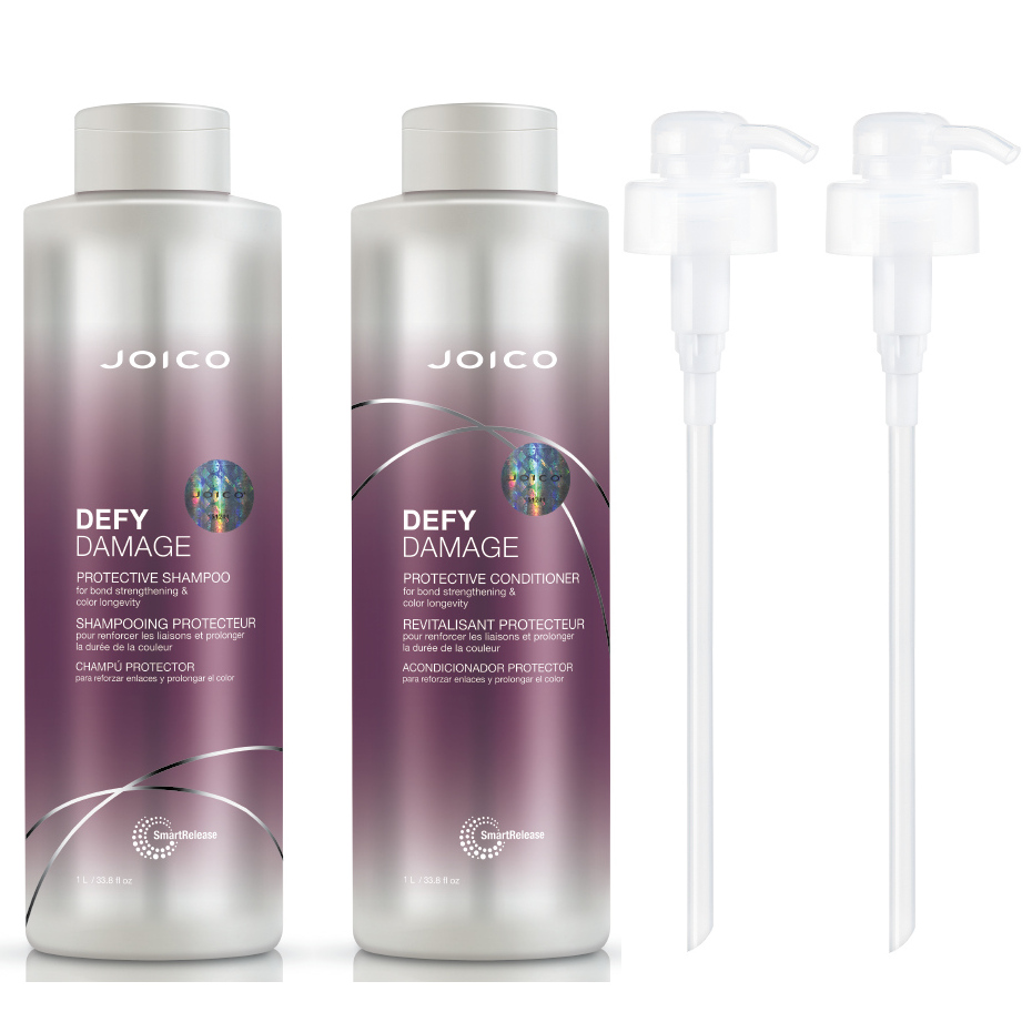 Defy Damage | Zestaw do włosów zniszczonych: szampon 1000ml + odżywka 1000ml + 2x pompka