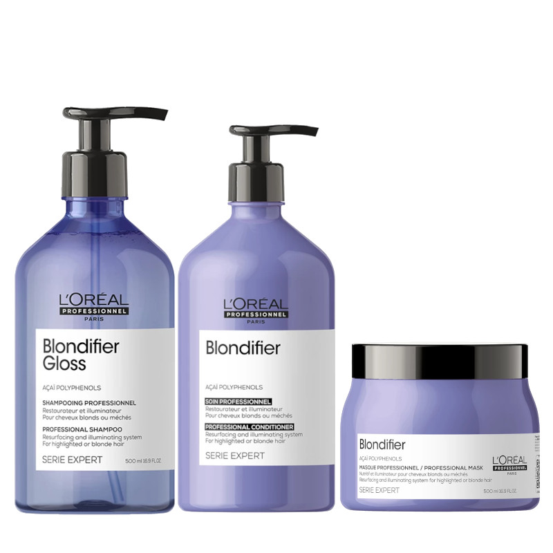 Loreal Blondifier | Zestaw pielęgnacyjny do włosów blond: szampon 500ml + odżywka 500ml + maska 500ml