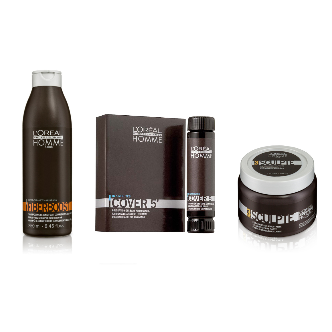 Homme | Zestaw do włosów dla mężczyzn: szampon nadający objętość 250ml + żel do koloryzacji włosów nr 5 50ml + włóknista pasta rzeźbiąca 150ml