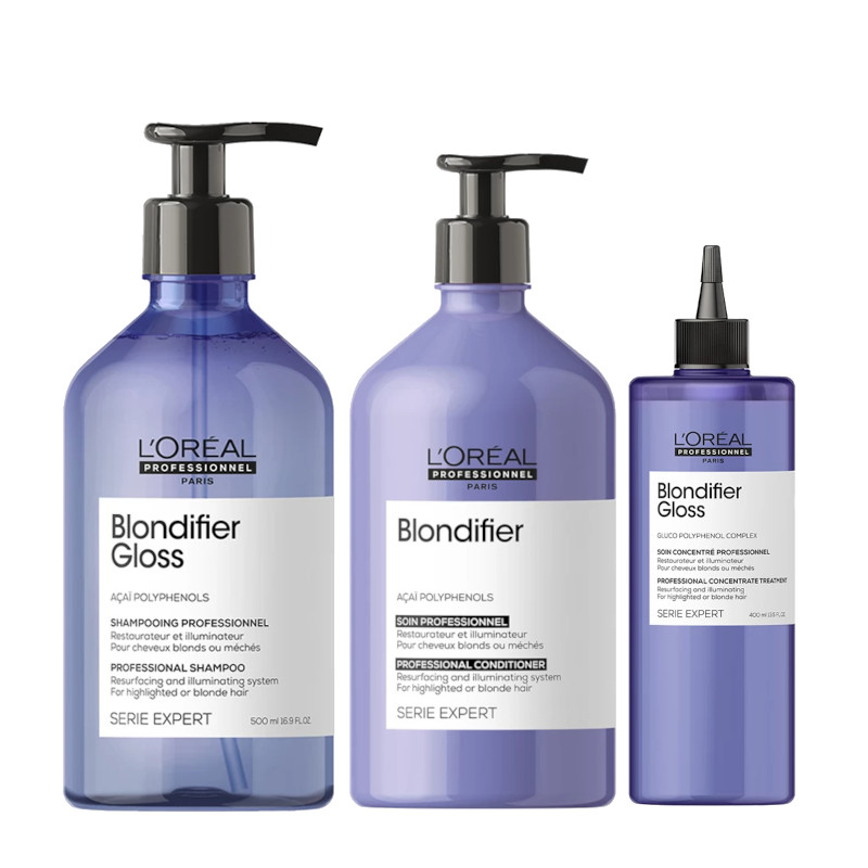 Loreal Blondifier Gloss | Zestaw pielęgnacyjny do włosów blond: szampon 500ml + odżywka 500ml + koncentrat wzmacniający 400ml