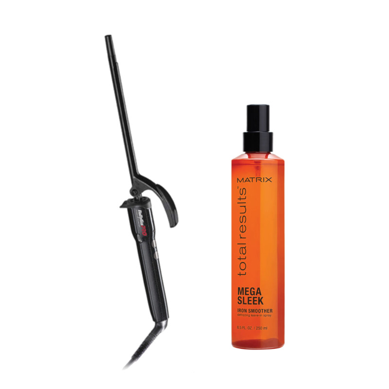 Advanced Curl and Total Results Mega Sleek | Zestaw do włosów: bardzo długa i cienka lokówka + termoochronny spray wygładzający włosy