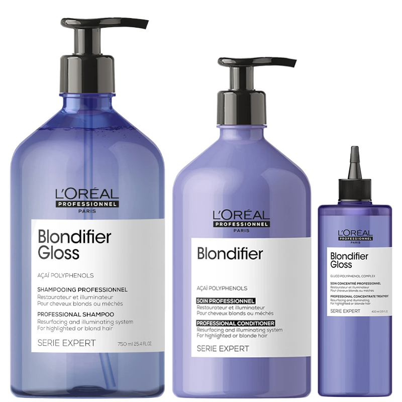 Loreal Blondifier | Zestaw pielęgnacyjny do włosów blond: szampon 750ml + odżywka 500ml + koncentrat wzmacniający 400ml