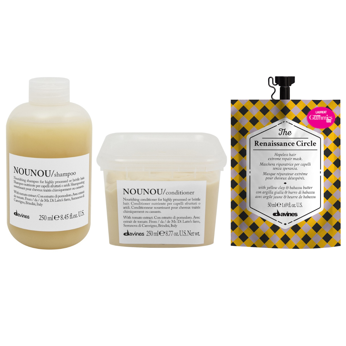 Nounou | Zestaw do włosów zniszczonych: szampon 250ml + odżywka 250ml + maska regenerująca 50ml