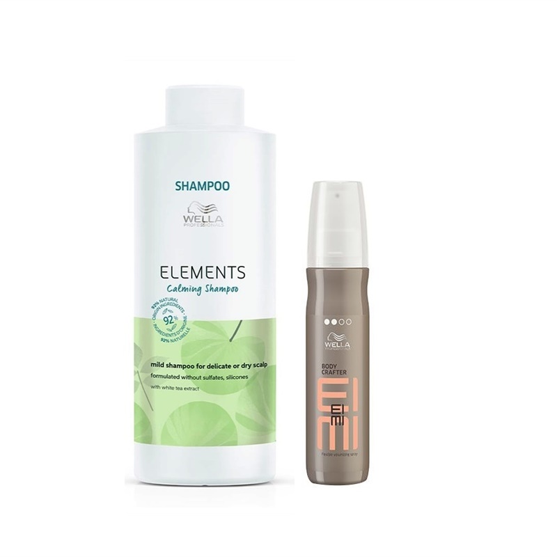Elements Calming and EIMI Body Crafter | Zestaw: odżywczy szampon suchej i delikatnej skóry głowy 1000ml + spray dodający objętości 150ml