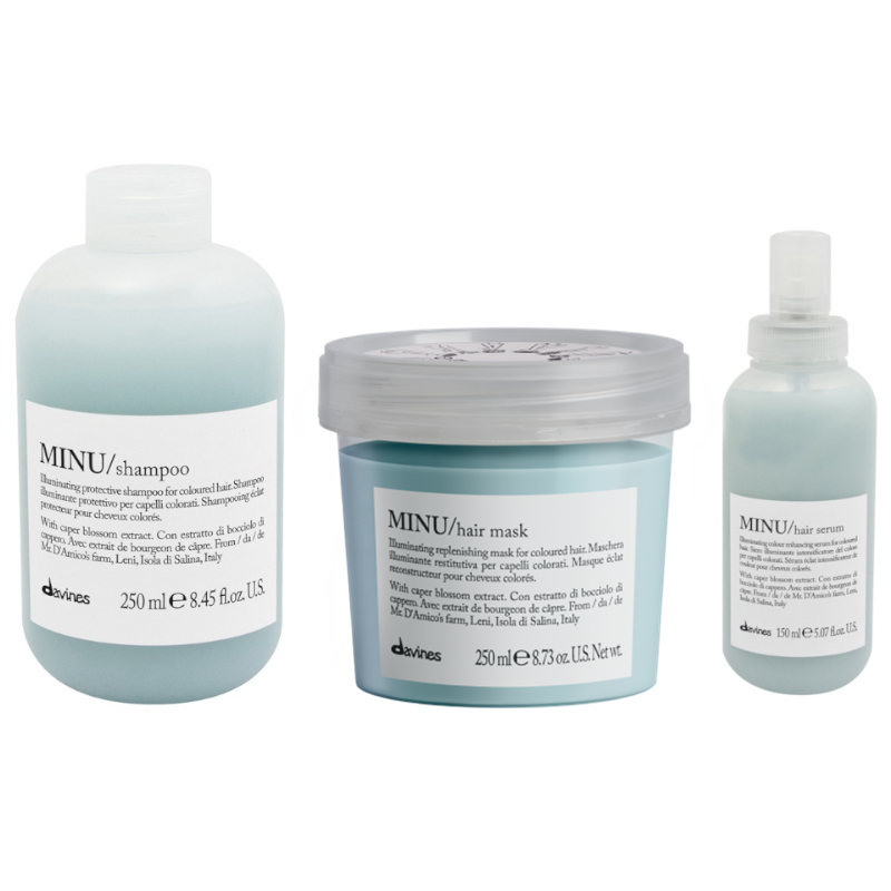 Minu | Zestaw do włosów farbowanych: szampon 250ml + maska 250ml  + serum rozświetlające 150ml