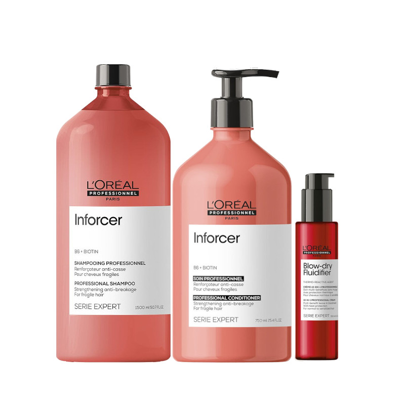 Inforcer | Zestaw do włosów łamliwych: szampon 1500ml + odżywka 750ml + termoochronny krem do stylizacji i suszenia włosów 150ml