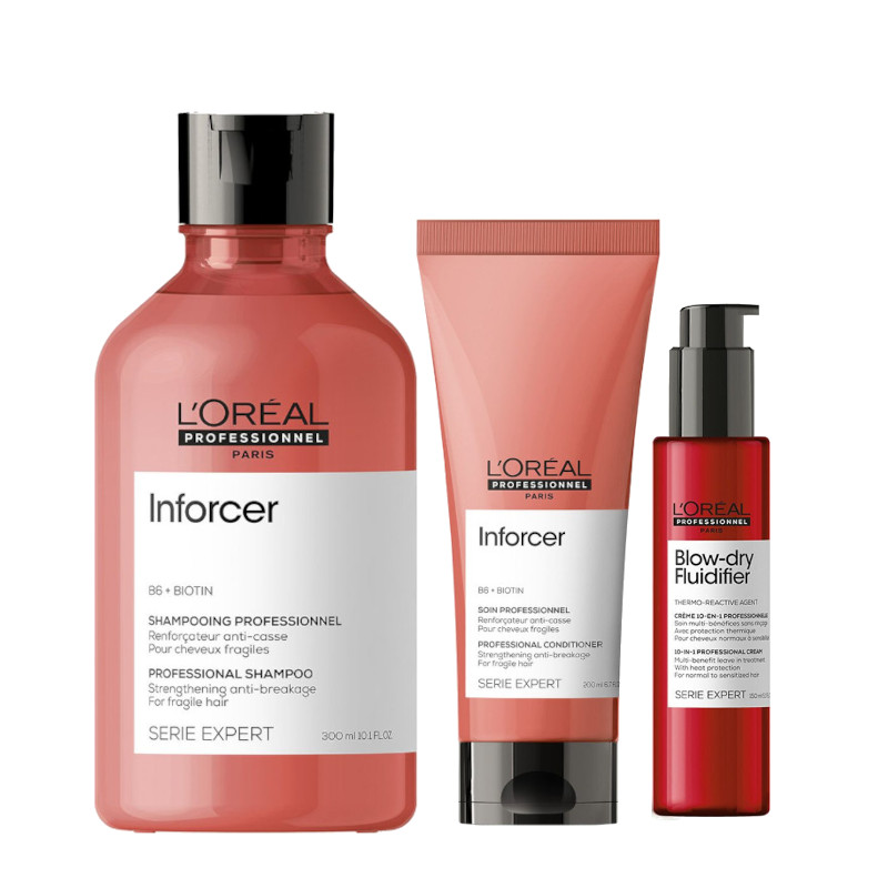 Inforcer | Zestaw do włosów łamliwych: szampon 300ml + odżywka 200ml + termoochronny krem do stylizacji i suszenia włosów 150ml