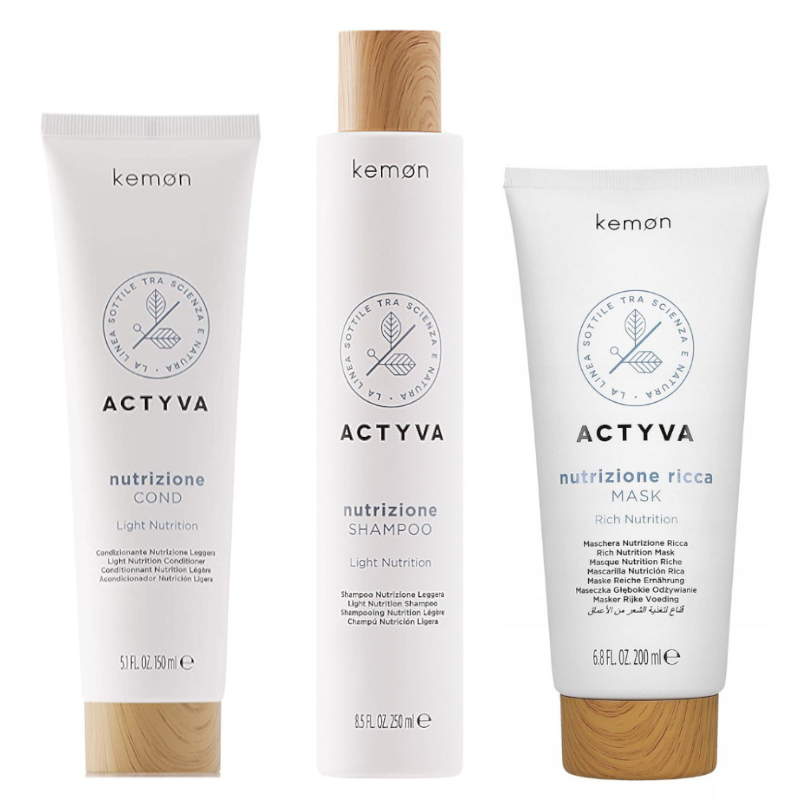 Actyva Nutrizione | Zestaw do włosów suchych: odżywka 150ml + szampon 250ml + maska 200ml