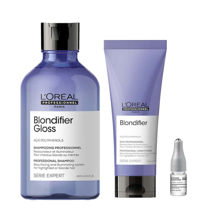 Loreal Blondifier | Zestaw pielęgnacyjny do włosów blond: szampon 300ml + odżywka 200ml + kuracja przeciwdziałająca wypadaniu włosów 6ml