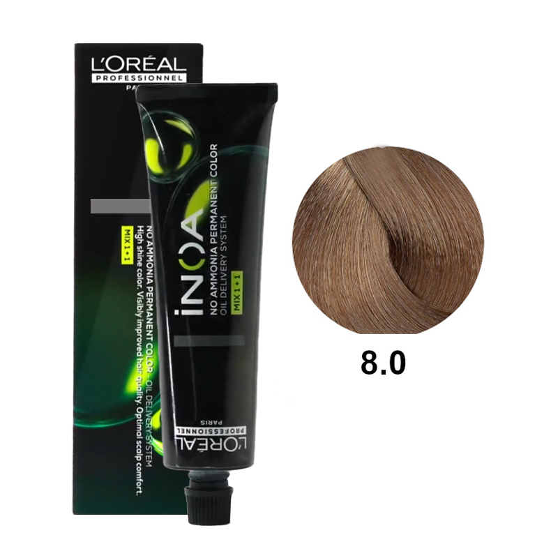 Inoa 8.0 | Bezamoniakowa trwała farba do włosów - kolor 8.0 jasny blond intensywny 60g