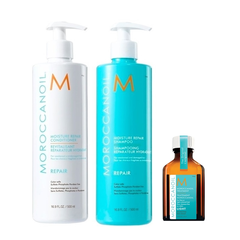 Moisture Repair and Oil Treatment Light | Zestaw regenerujący do włosów: szampon 500ml + odżywka 500 + naturalny olejek arganowy do włosów cienkich i delikatnych 25ml