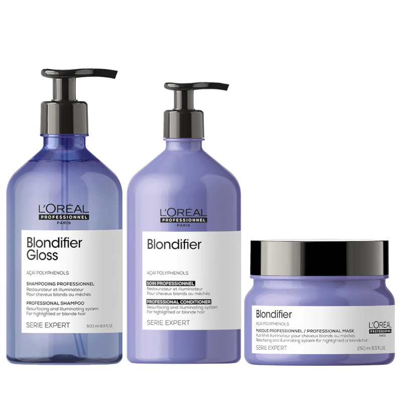 Loreal Blondifier | Zestaw pielęgnacyjny do włosów blond: szampon 500ml + odżywka 500ml + maska 250ml