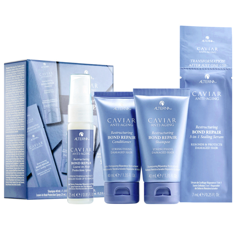 Caviar Restructuring Bond Repair | Minizestaw do włosów zniszczonych: szampon 40ml + odżywka 40ml + spray termoochronny 25ml + serum odbudowujące 7ml