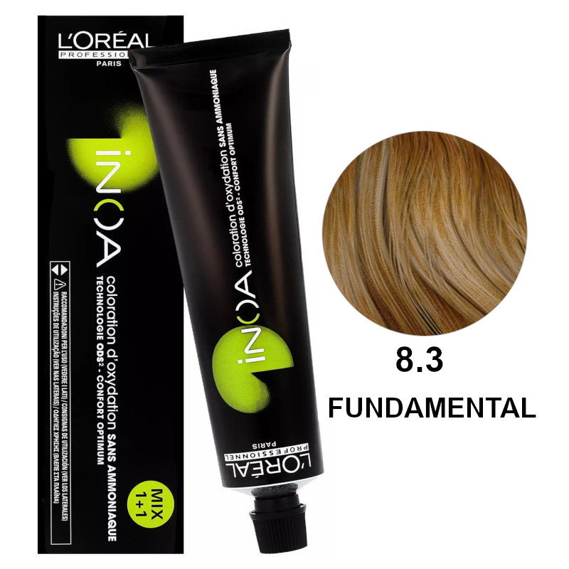 Inoa 8.3 Fundamental | Bezamoniakowa trwała farba do włosów - kolor 8.3 jasny blond złocisty (baza) 60g