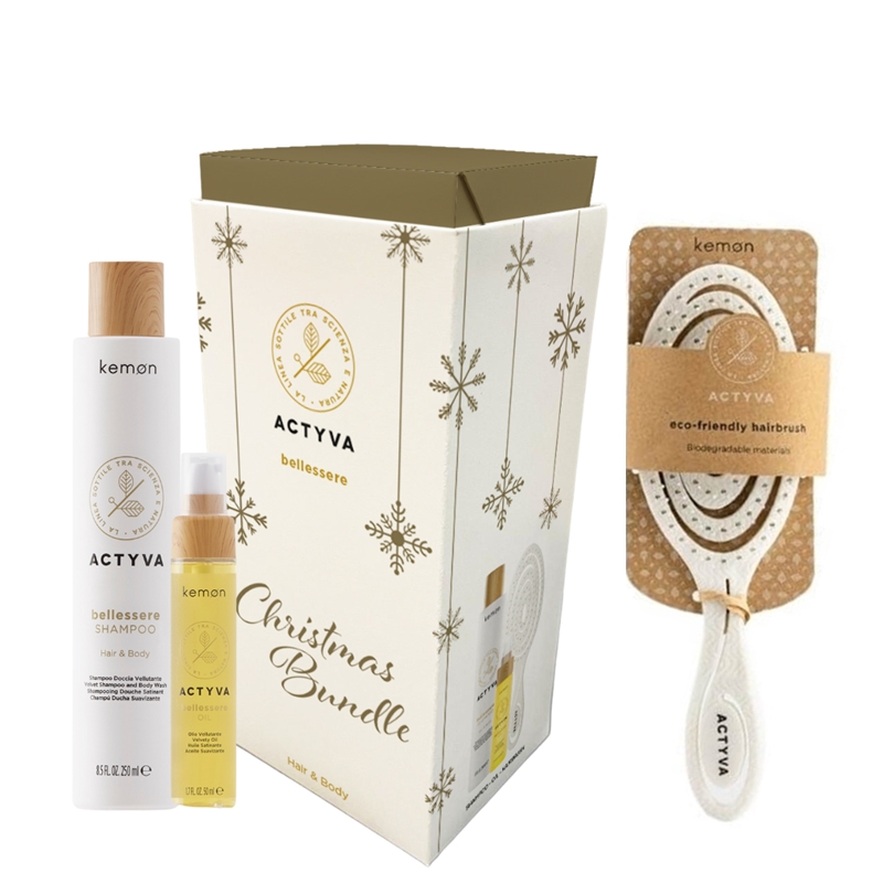Actyva Bellessere | Zestaw prezentowy do każdego rodzaju włosów: szampon 250ml + aksamitny olejek 50ml + biodegradowalna szczotka