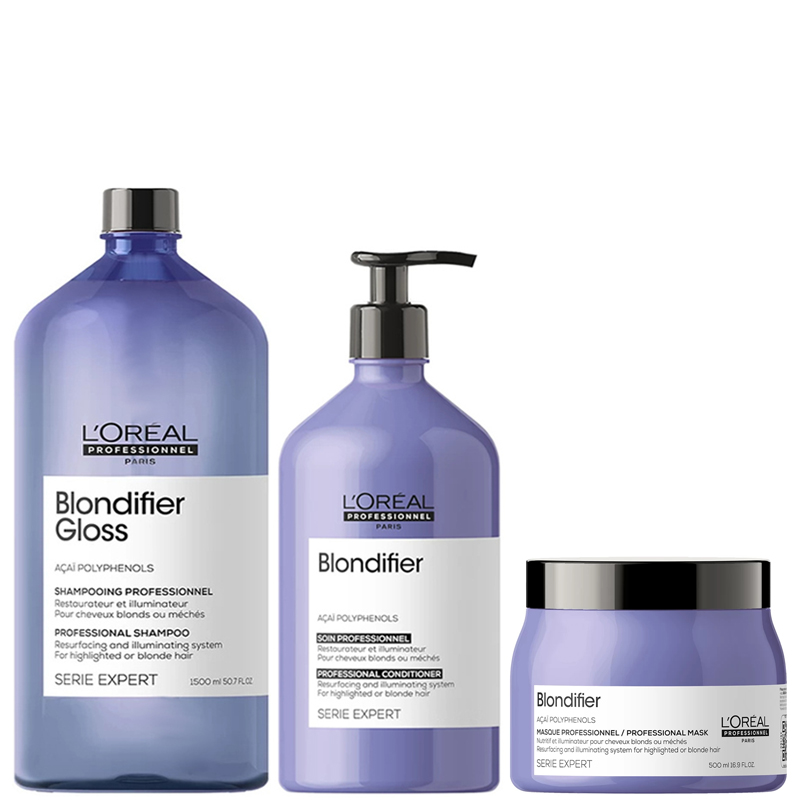 Loreal Blondifier | Zestaw pielęgnacyjny do włosów blond: szampon 1500ml + odżywka 500ml + maska 500ml