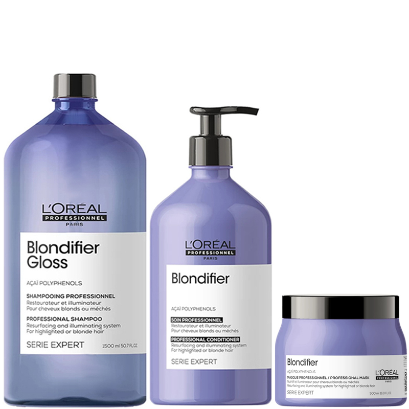 Loreal Blondifier | Zestaw pielęgnacyjny do włosów blond: szampon 1500ml + odżywka 750ml + maska 500ml