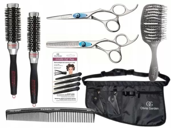 Essential Kit | Zestaw fryzjerski: 3x szczotka + 2x nożyczki + grzebień + klipsy + pas na narzędzia