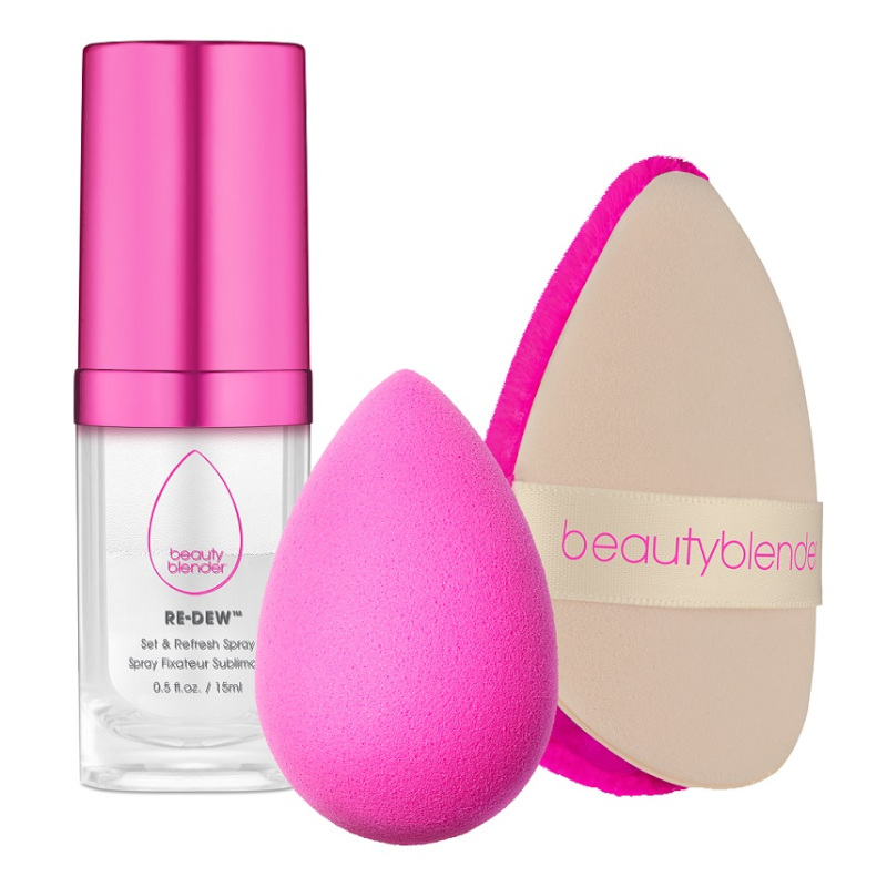 Glow All Night | Zestaw do makijażu: różowa gąbka do makijażu + puszek + spray nawilżająco-utrwalający 15ml